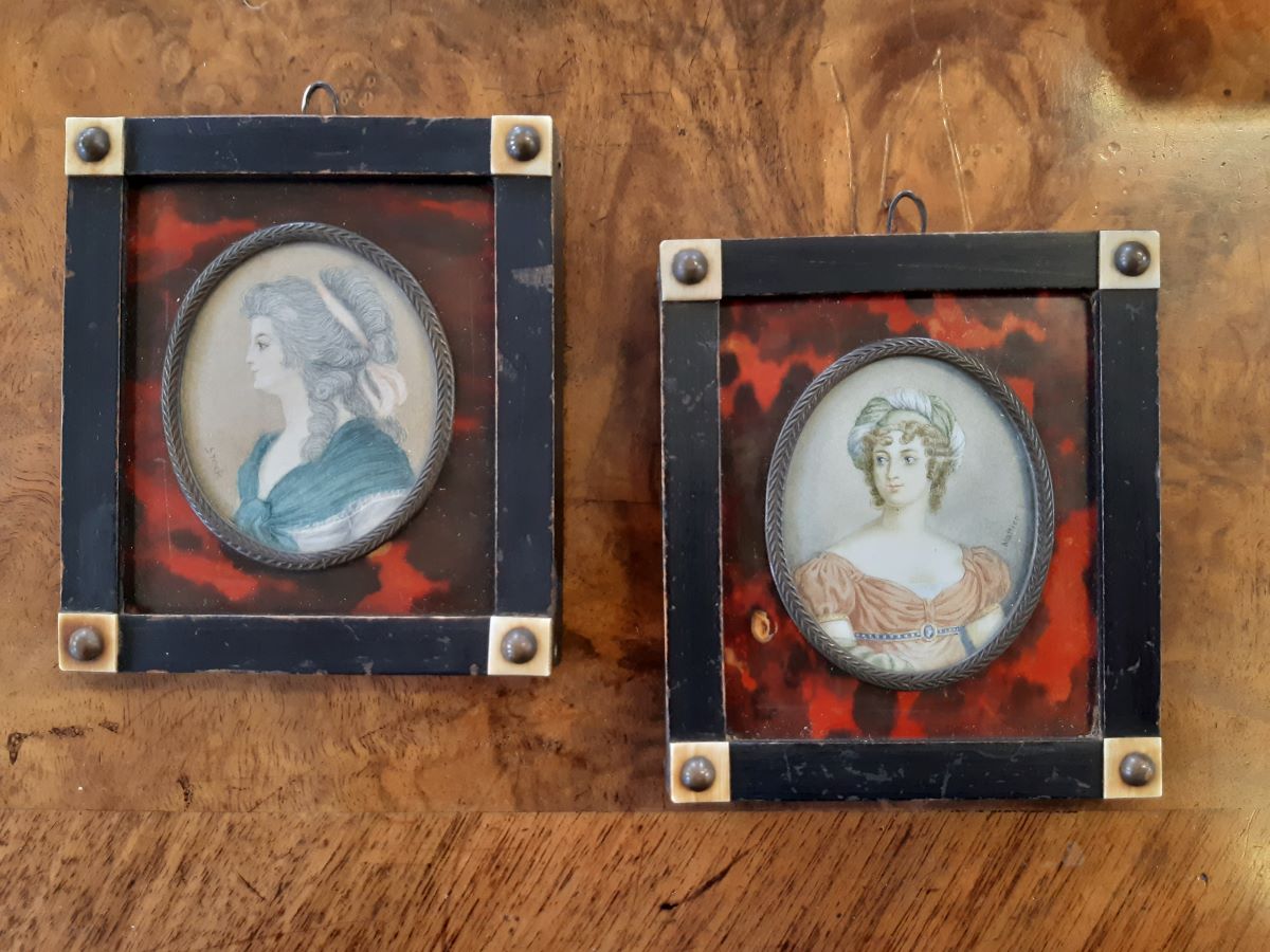 Pair of 19th century French tortoiseshell framed miniature pictures