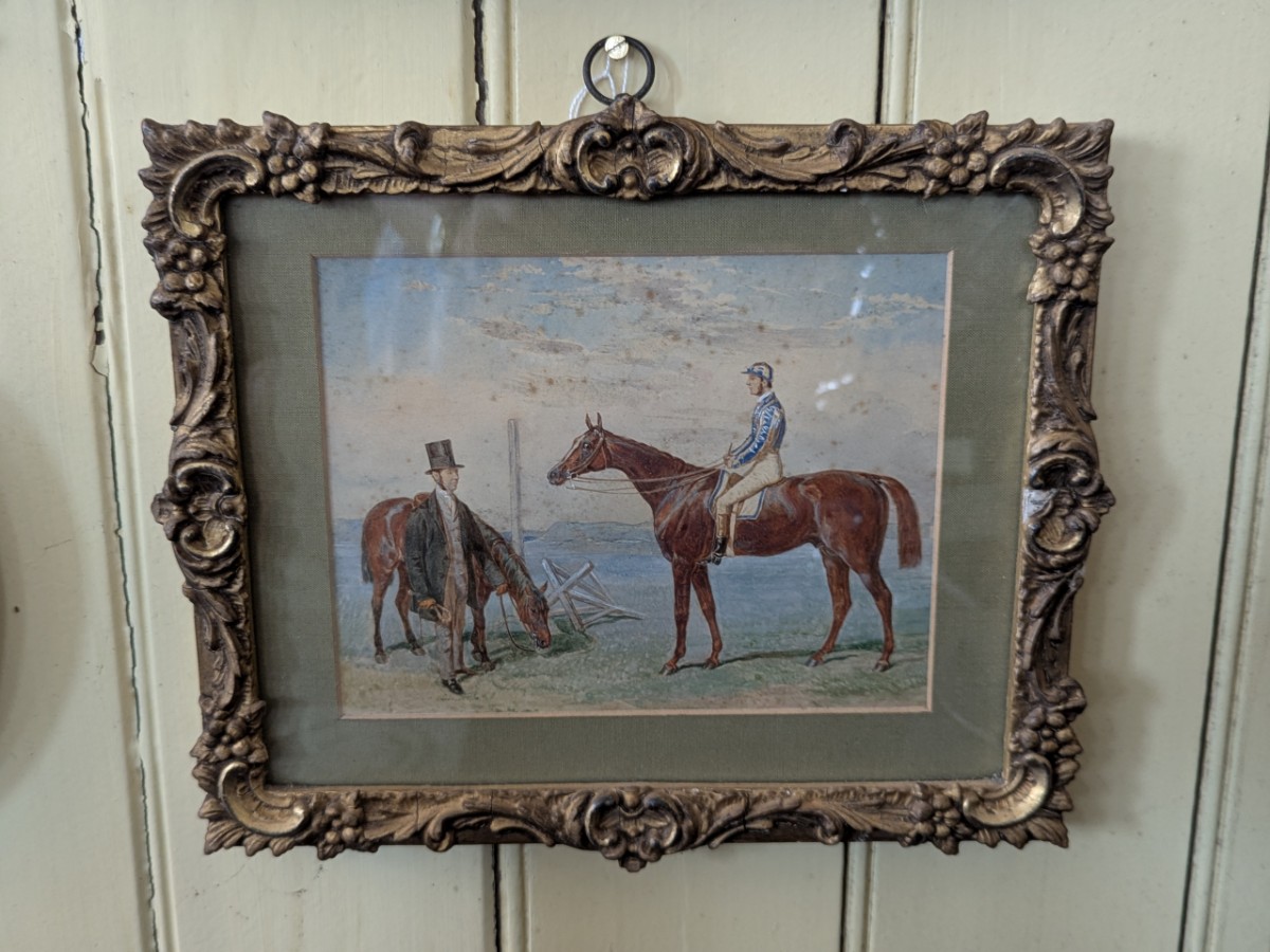 19th Century Watercolour Of A Racehorse And Jockey With His Trainer
