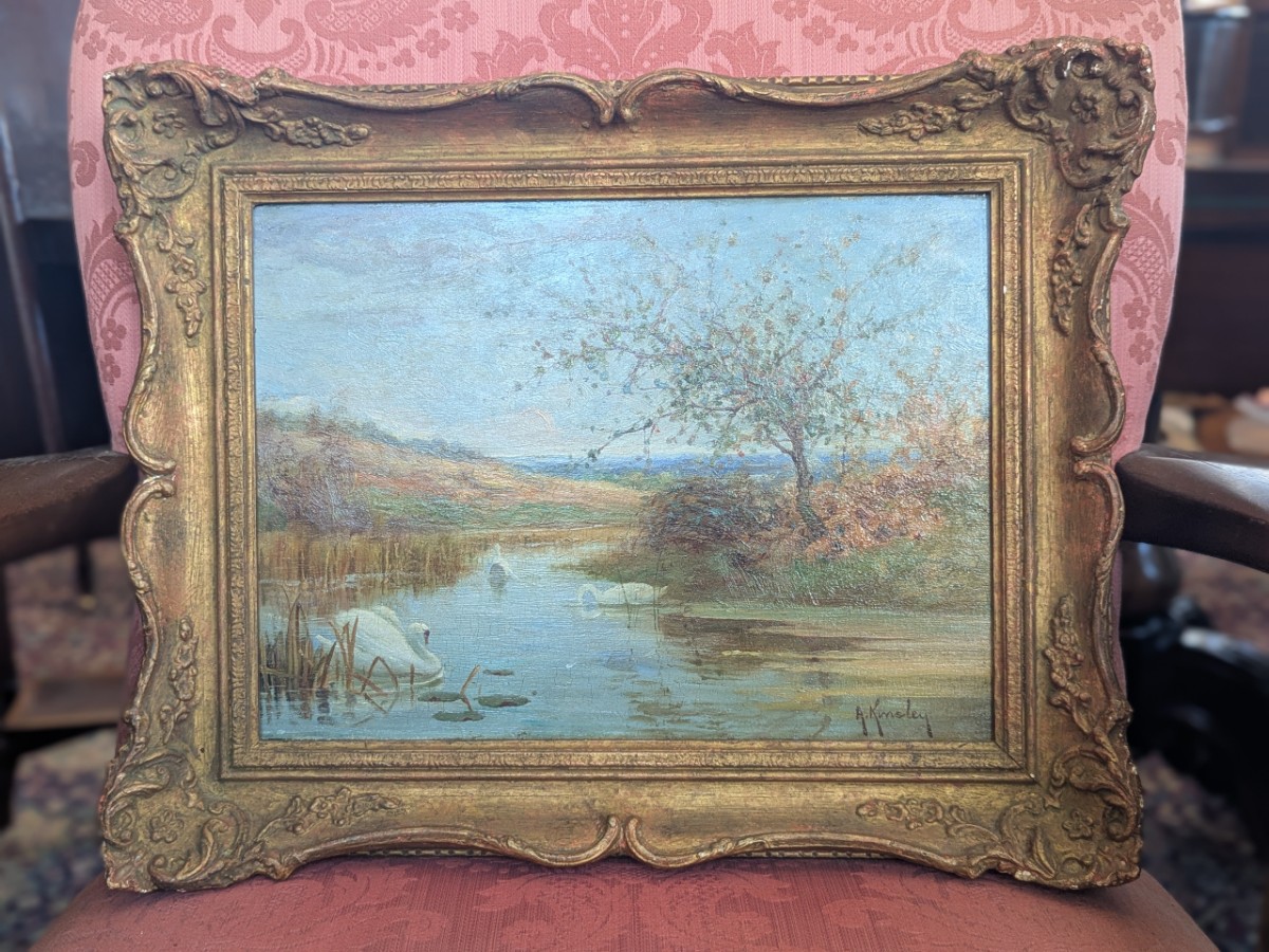 Arthur Kingsley (1842-1945) Oil On Panel - Swans On A River