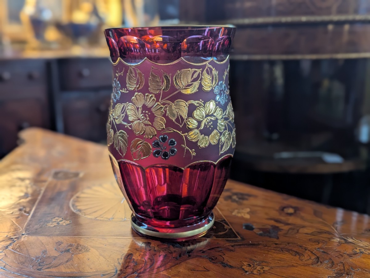 Bohemian Gilded Amethyst Glass Vase