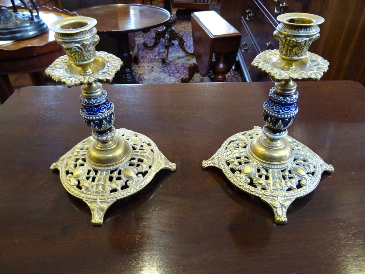 Pair Victorian Doulton Brass Candlesticks
