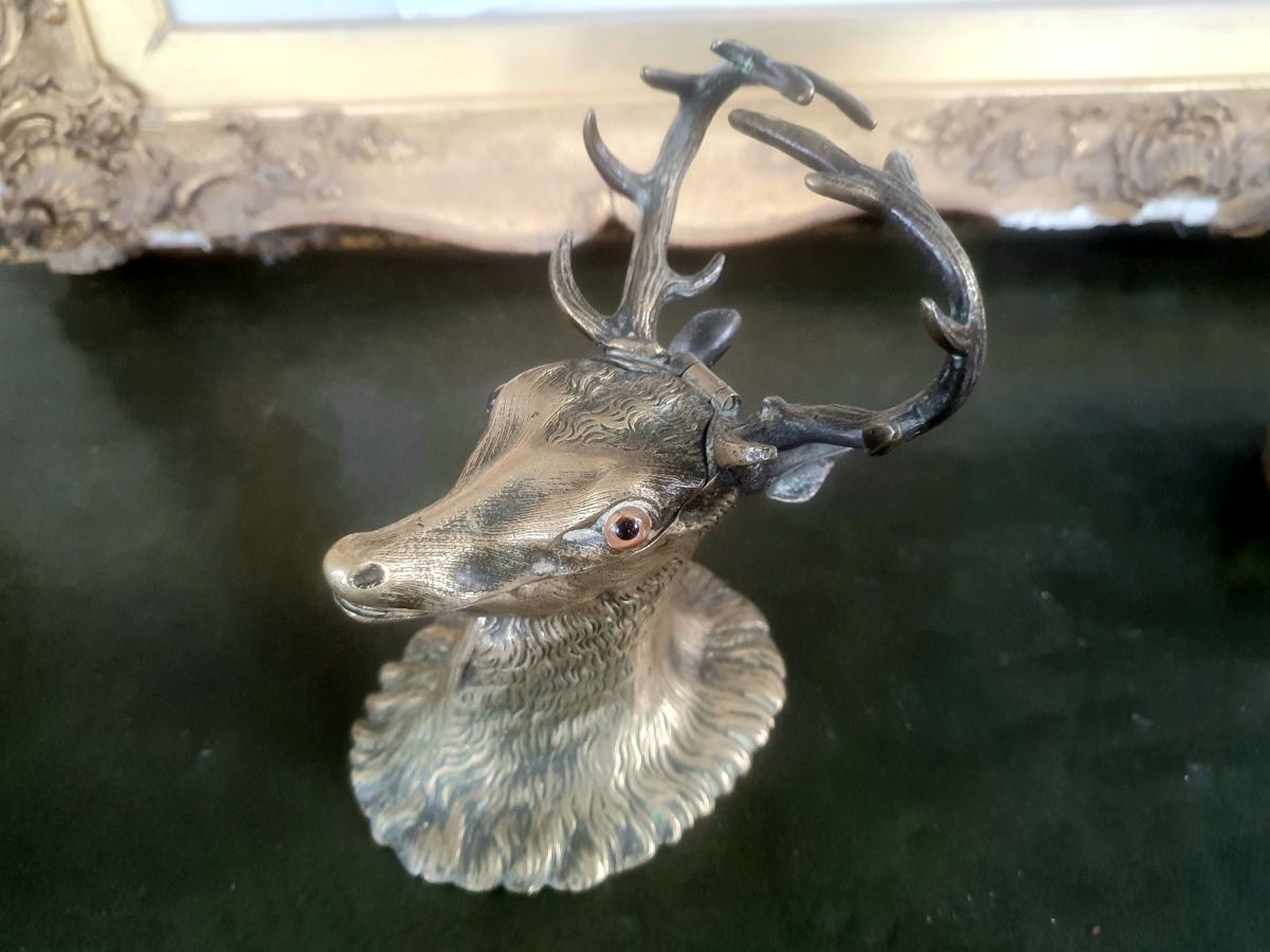 Victorian Brass Deer's Head Inkwell