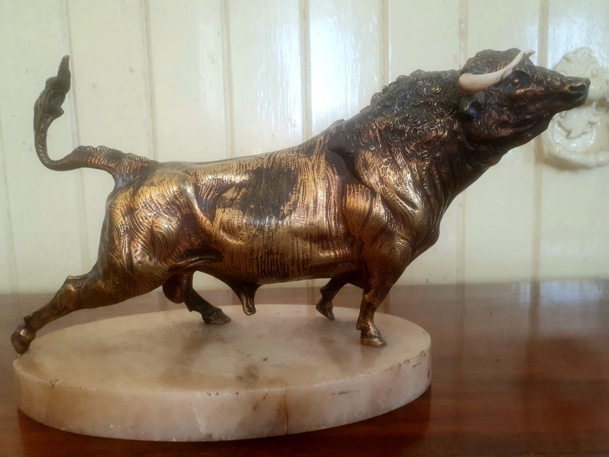 Early 1900s French Gilt Bronze Of A Bull With Ivory Horns