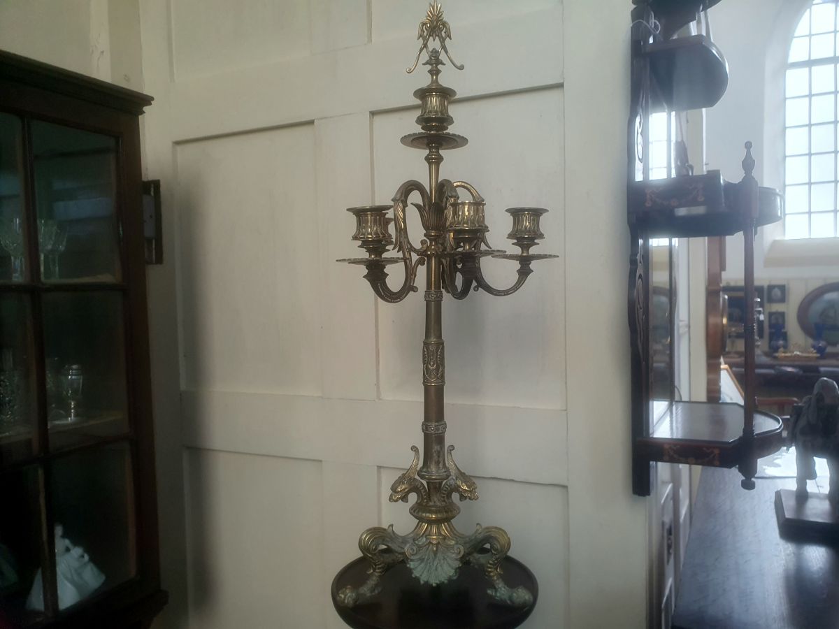 A Neo-Classical Style Brass 5-Branch Table Candelabrum