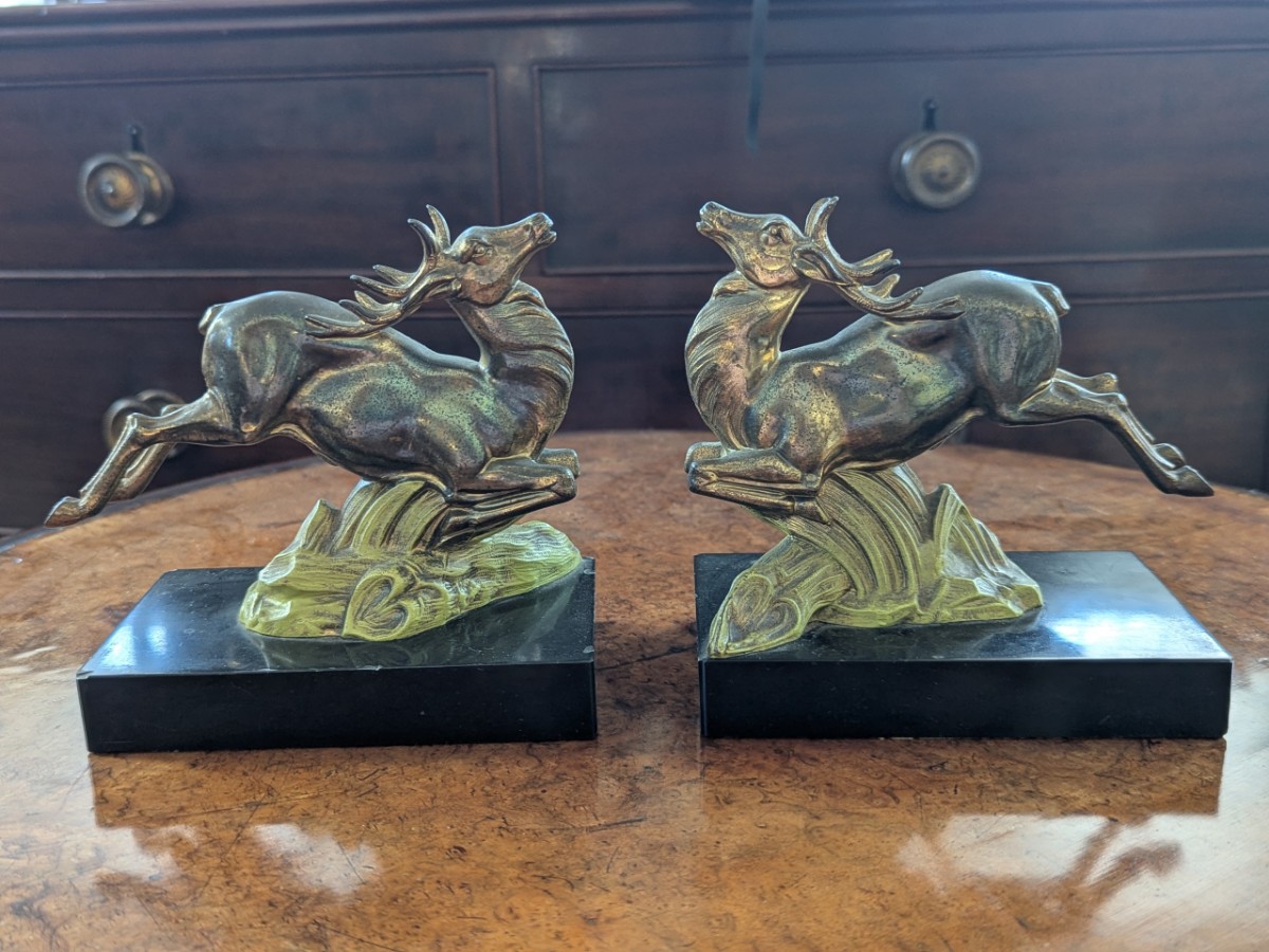 Pair Art Deco Bronze Leaping Stag Bookends