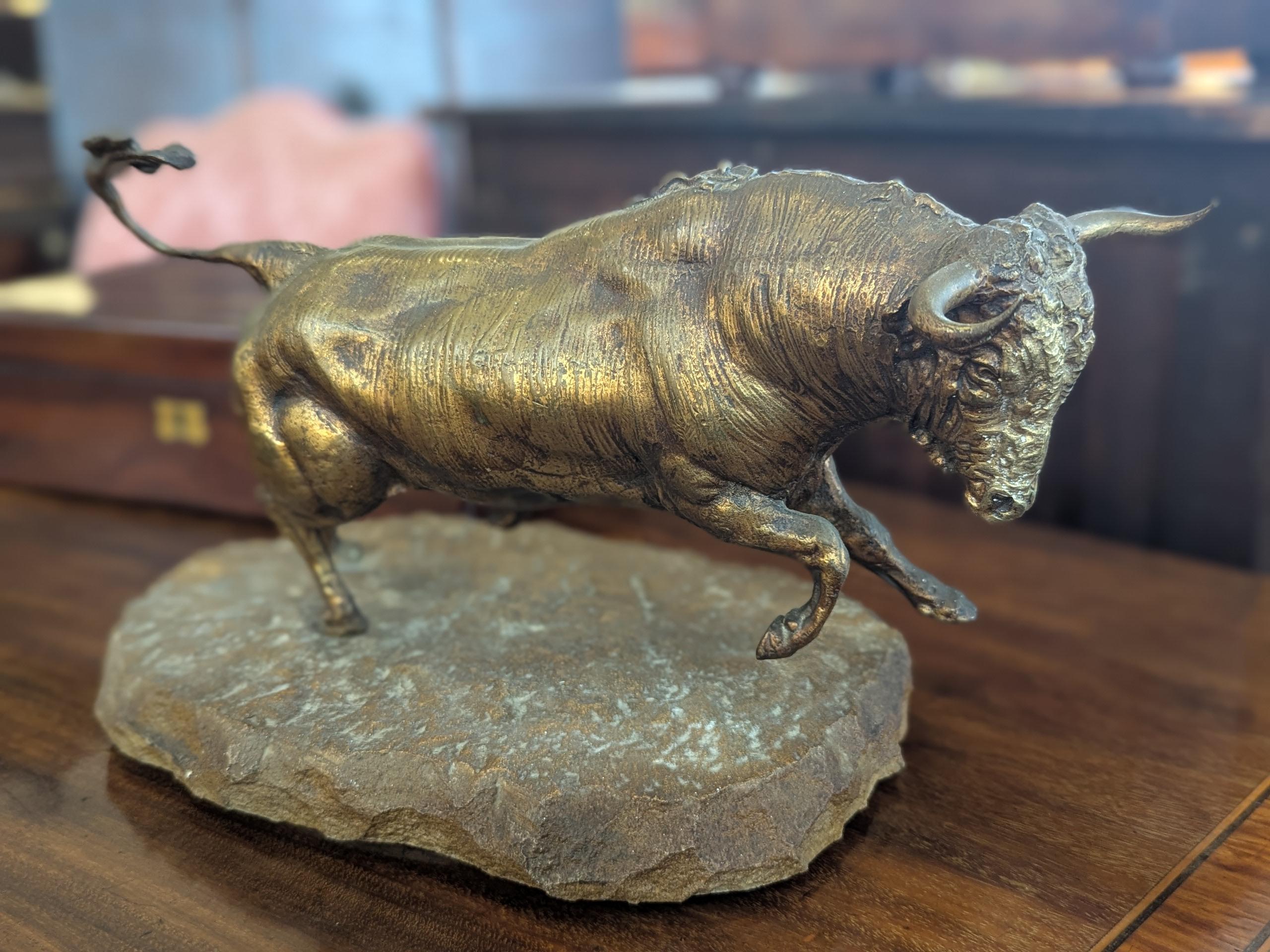 Late 19th Century Gilt Bronze Charging Bull On Stone Base