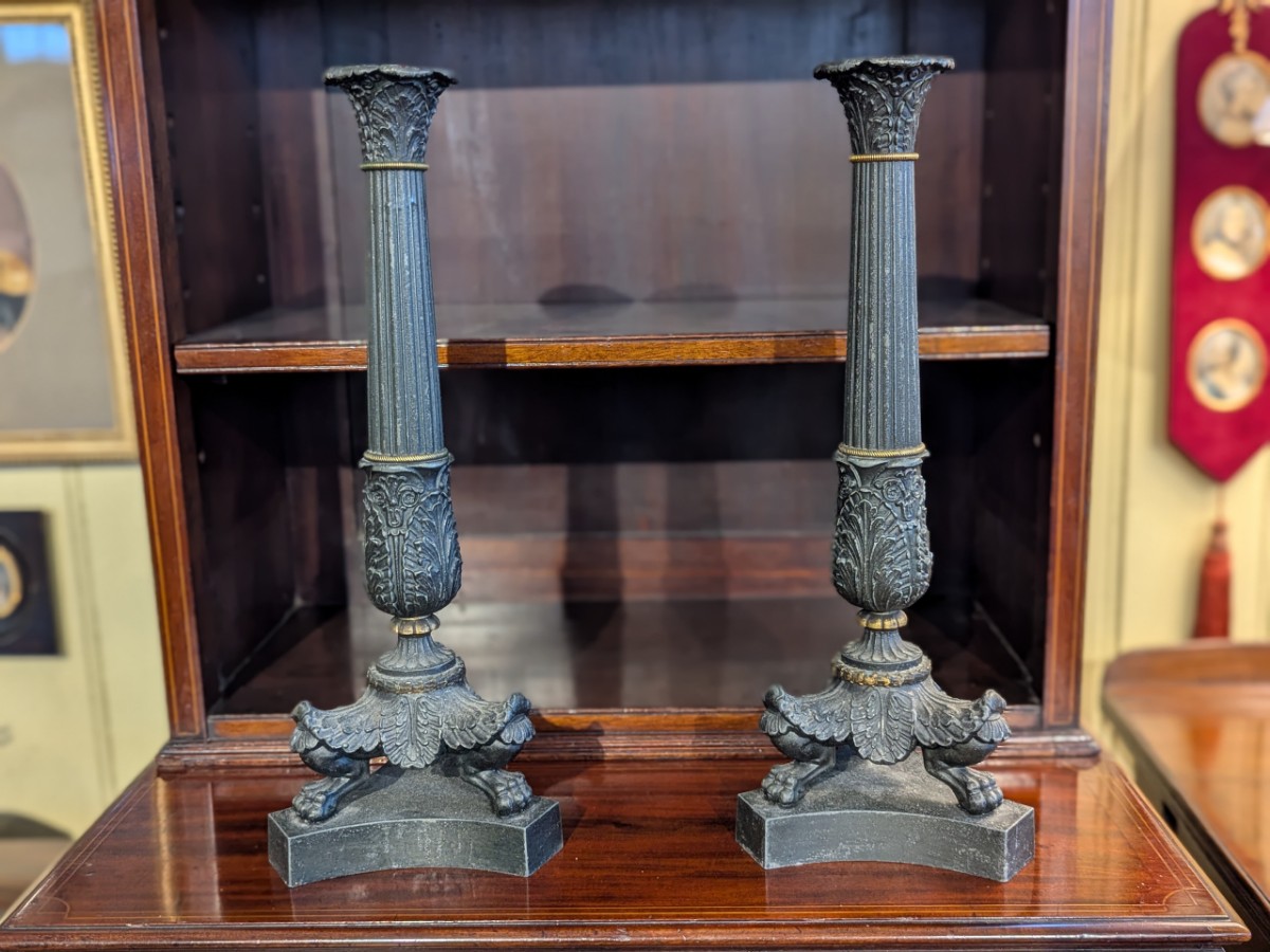 Pair French Neo-Classical Cast Metal Candlesticks